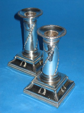 Pair Old Sheffield Plate Silver Dwarf Candlesticks. Circa 1775. - Click to enlarge and for full details.