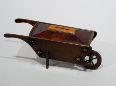 19th CENTURY TREEN WHEELBARROW MONEY BOX, CIRCA 1840 - Click to enlarge and for full details.