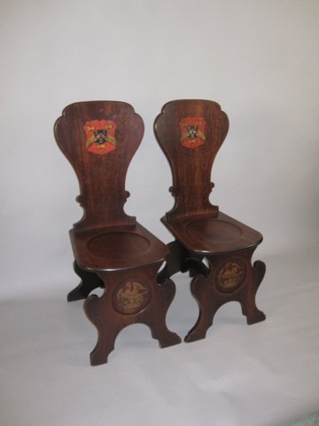 IMPORTANT PAIR OF EARLY 18TH CENTURY MAHOGANY ARMORIAL HALL CHAIRS, CIRCA 1720-30 - Click to enlarge and for full details.
