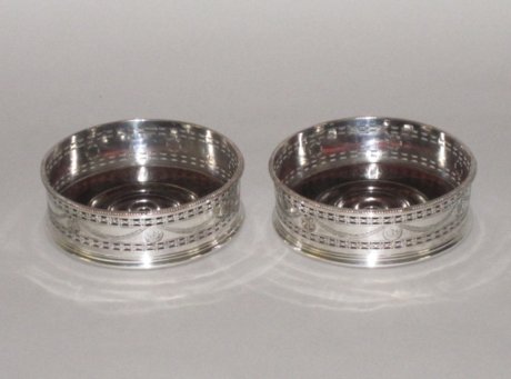 PAIR OLD SHEFFIELD PLATE SILVER WINE COASTERS. CIRCA 1780 - Click to enlarge and for full details.