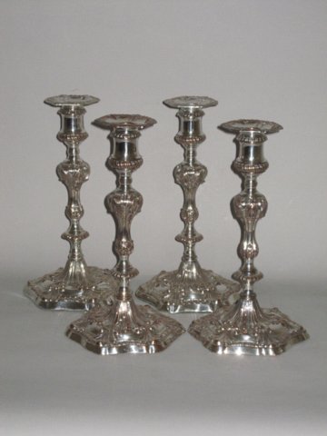 SET OF FOUR OLD SHEFFIELD PLATE SILVER CANDLESTICKS. CIRCA 1770 - Click to enlarge and for full details.