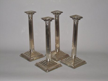 SET OF FOUR OLD SHEFFIELD PLATE SILVER CANDLESTICKS. CIRCA 1765 - Click to enlarge and for full details.