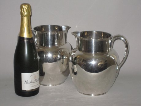 RARE PAIR OLD SHEFFIELD PLATE SILVER WINE OR ALE JUGS. CIRCA 1790 - Click to enlarge and for full details.