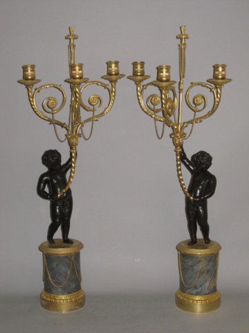 PAIR OF EMPIRE PERIOD BRONZE, ORMOLU & MARBLE CANDELABRA. CIRCA 1825 - Click to enlarge and for full details.