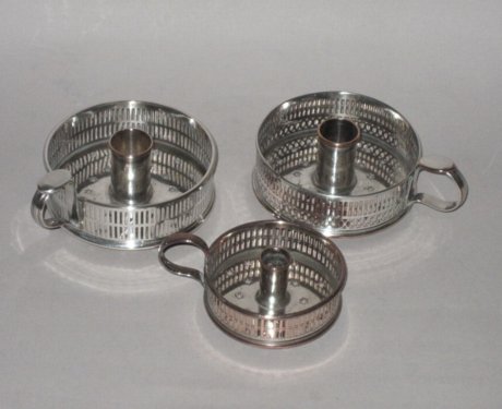 THREE OLD SHEFFIELD PLATE SILVER CHAMBERSTICKS, CIRCA 1775 - Click to enlarge and for full details.