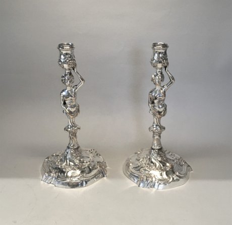 A FINE PAIR OF 18TH CENTURY OLD SHEFFIELD PLATE SILVER CARYATID CANDLESTICKS, CIRCA 1760 - Click to enlarge and for full details.