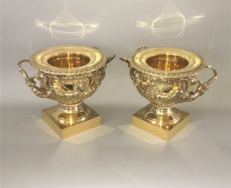 ​A VERY RARE PAIR OF GEORGE III COPPER-GILT WINE-COOLERS, COLLARS AND LINERS, GEORGE III, CIRCA 1815 - Click to enlarge and for full details.