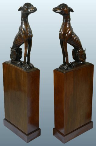 A MAGNIFICENT  PAIR OF 19TH CENTURY ITALIAN CARVED LIMEWOOD MODELS OF GREYHOUNDS - Click to enlarge and for full details.