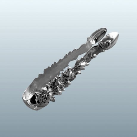 Large cast silver sugar tongs. London 1841 by Charles Fox - Click to enlarge and for full details.