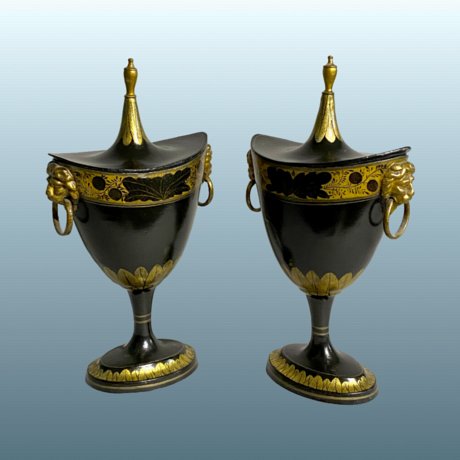 A PAIR OF REGENCY PERIOD BLACK & GILT TOLEWARE CHESTNUT URNS, Circa 1820 - Click to enlarge and for full details.