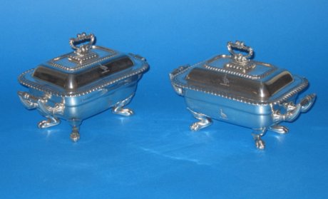 Pair Old Sheffield Plate silver sauce tureens. - Click to enlarge and for full details.