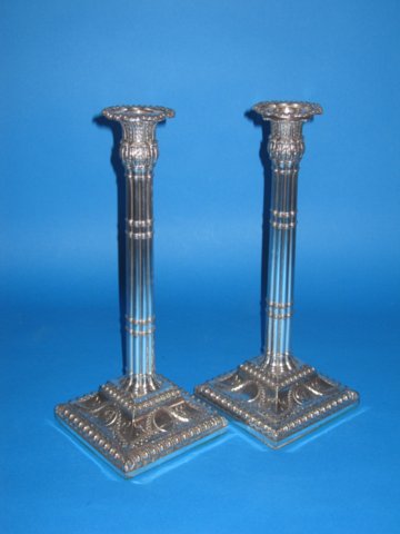 Pair of 18th Century Old Sheffield Plate silver candlesticks, circa 1785 - Click to enlarge and for full details.