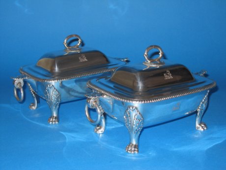 Pair of Old Sheffield silver sauce tureens, circa 1820 - Click to enlarge and for full details.