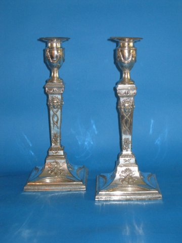 Pair of Square base Old Sheffield Plate silver candlesticks, circa 1785 - Click to enlarge and for full details.
