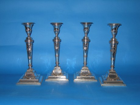 Set of four Old Sheffield Plate silver candlesticks, circa 1780 - Click to enlarge and for full details.