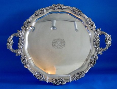 Old Sheffield Plate silver round tea tray, circa 1825 - Click to enlarge and for full details.