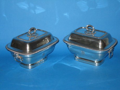 Pair Old Sheffield Plate Silver Sauce Tureens & covers, circa 1810 - Click to enlarge and for full details.