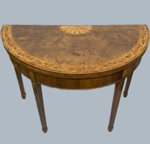 ​A GEORGE III DEMI-LUNE MAHOGANY & SATINWOOD TEA TABLE, CIRCA 1780.  - Click to enlarge and for full details.